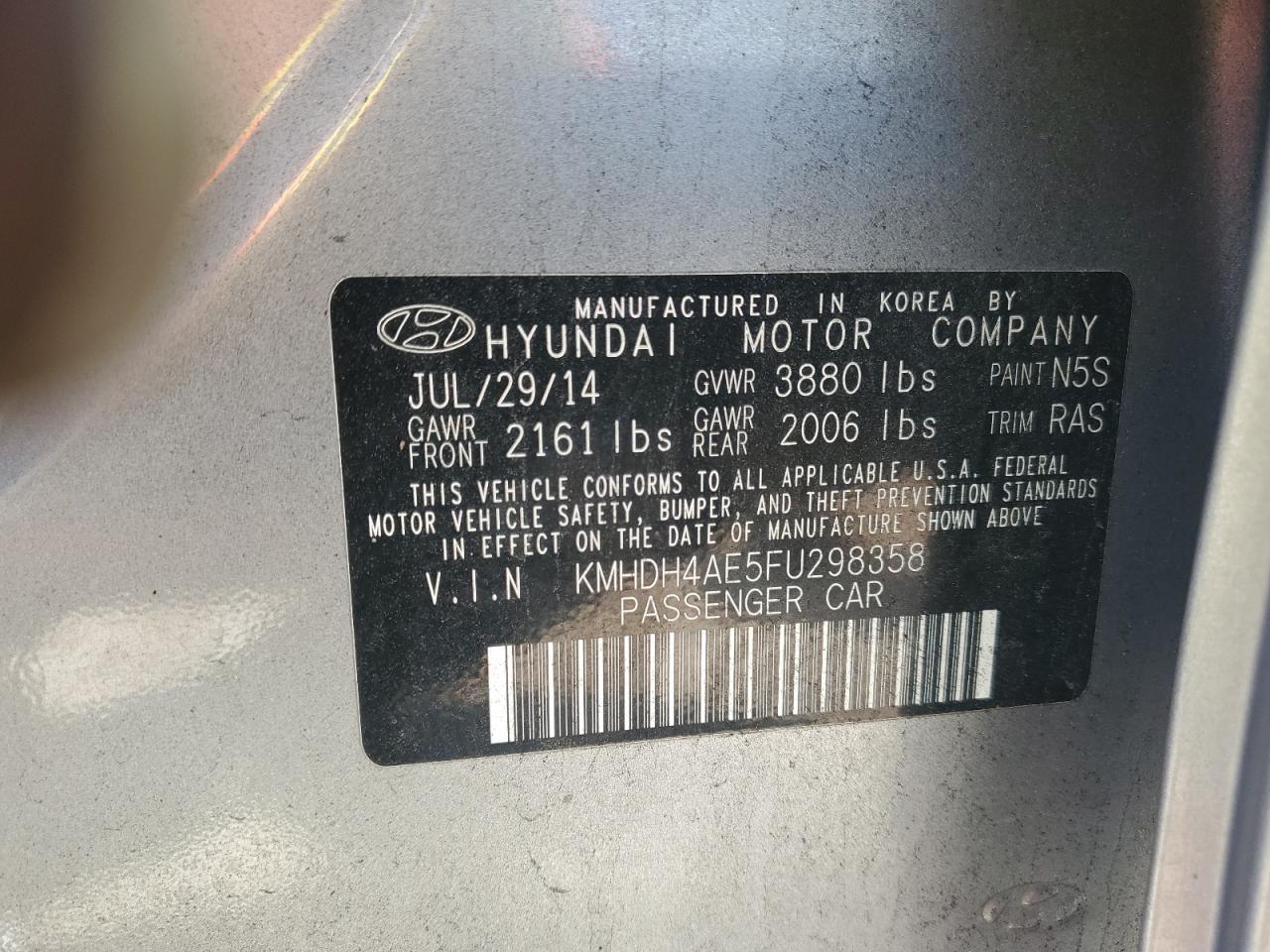 2015 Hyundai Elantra Se vin: KMHDH4AE5FU298358