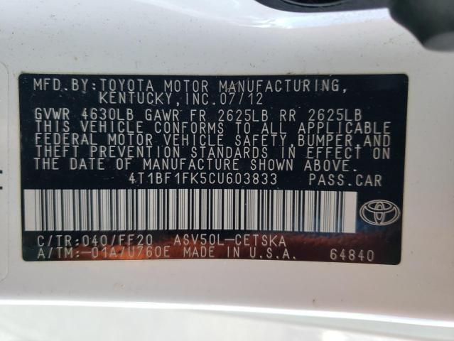 2012 Toyota Camry Base VIN: 4T1BF1FK5CU603833 Lot: 43997274