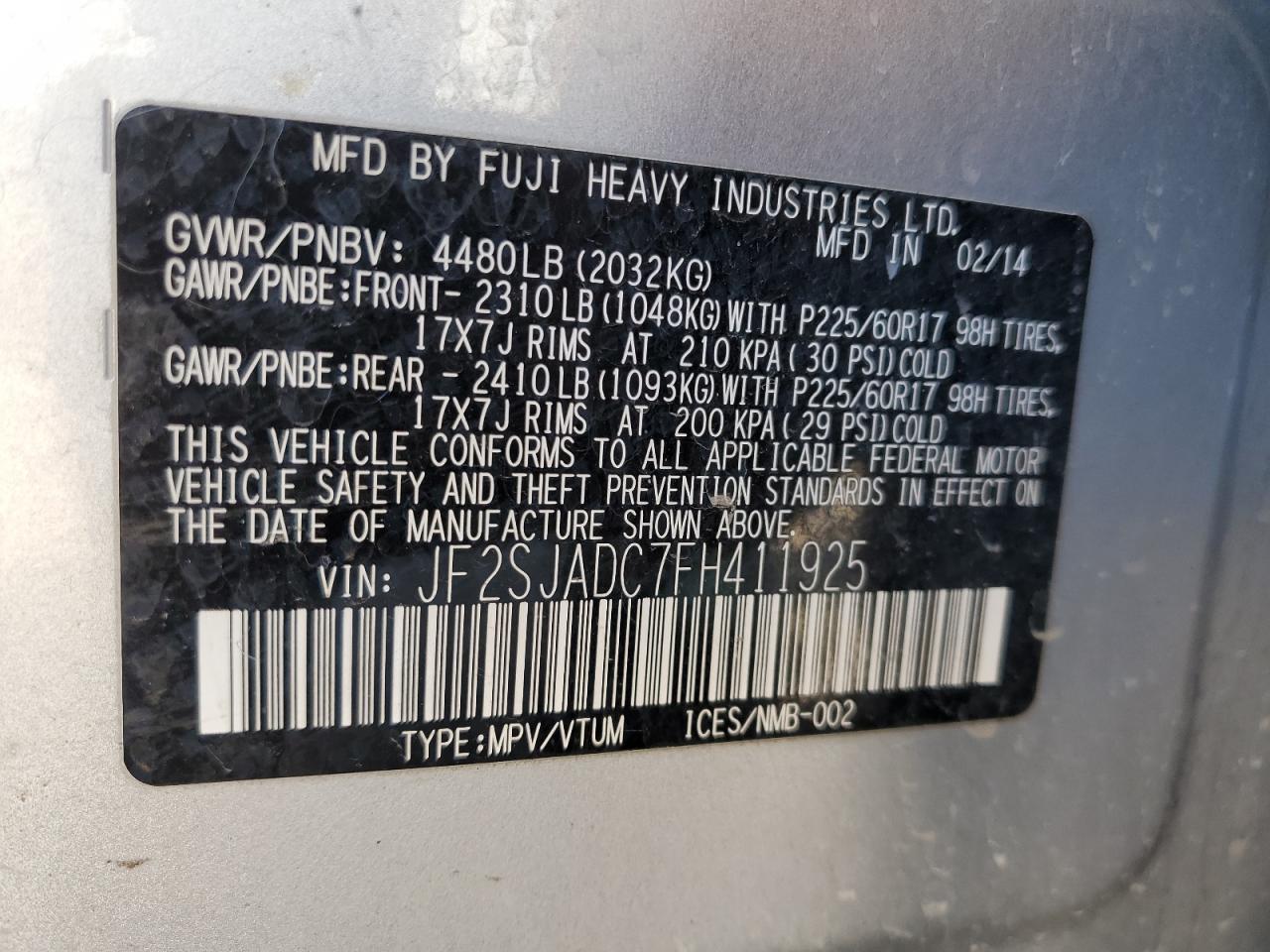 JF2SJADC7FH411925 2015 Subaru Forester 2.5I Premium