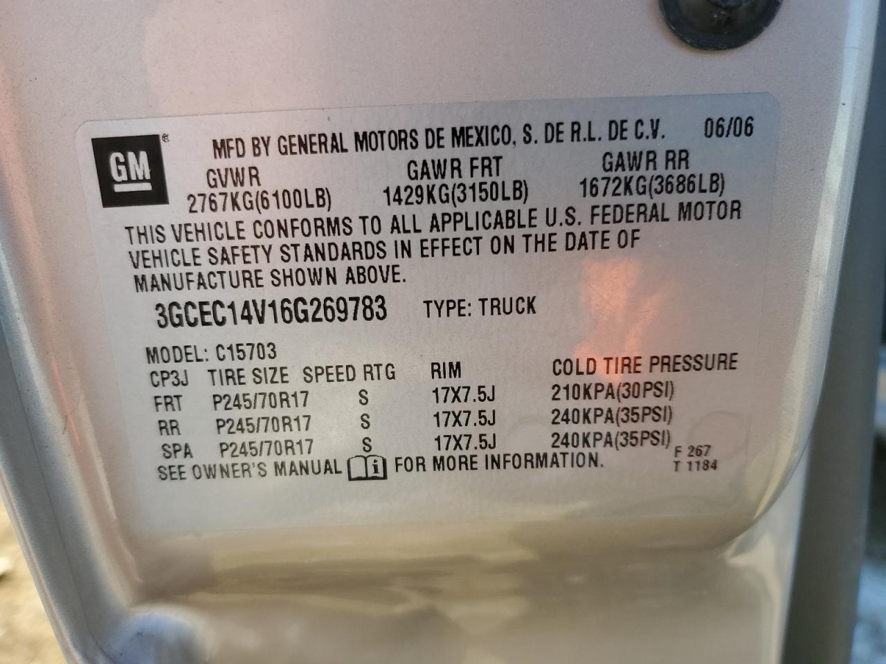 3GCEC14V16G269783 2006 Chevrolet Silverado C1500