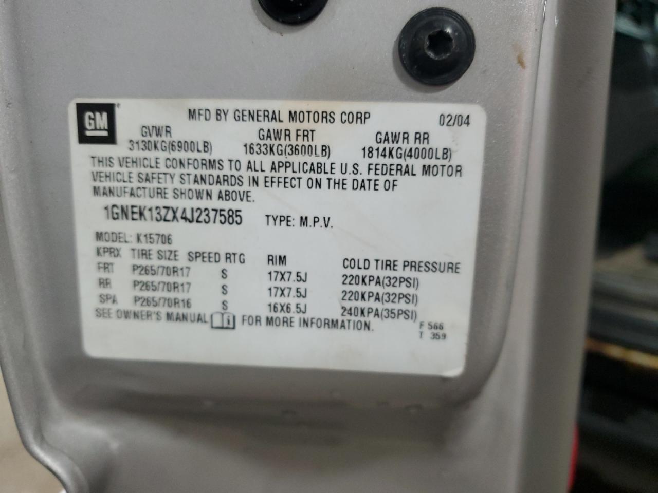 1GNEK13ZX4J237585 2004 Chevrolet Tahoe K1500