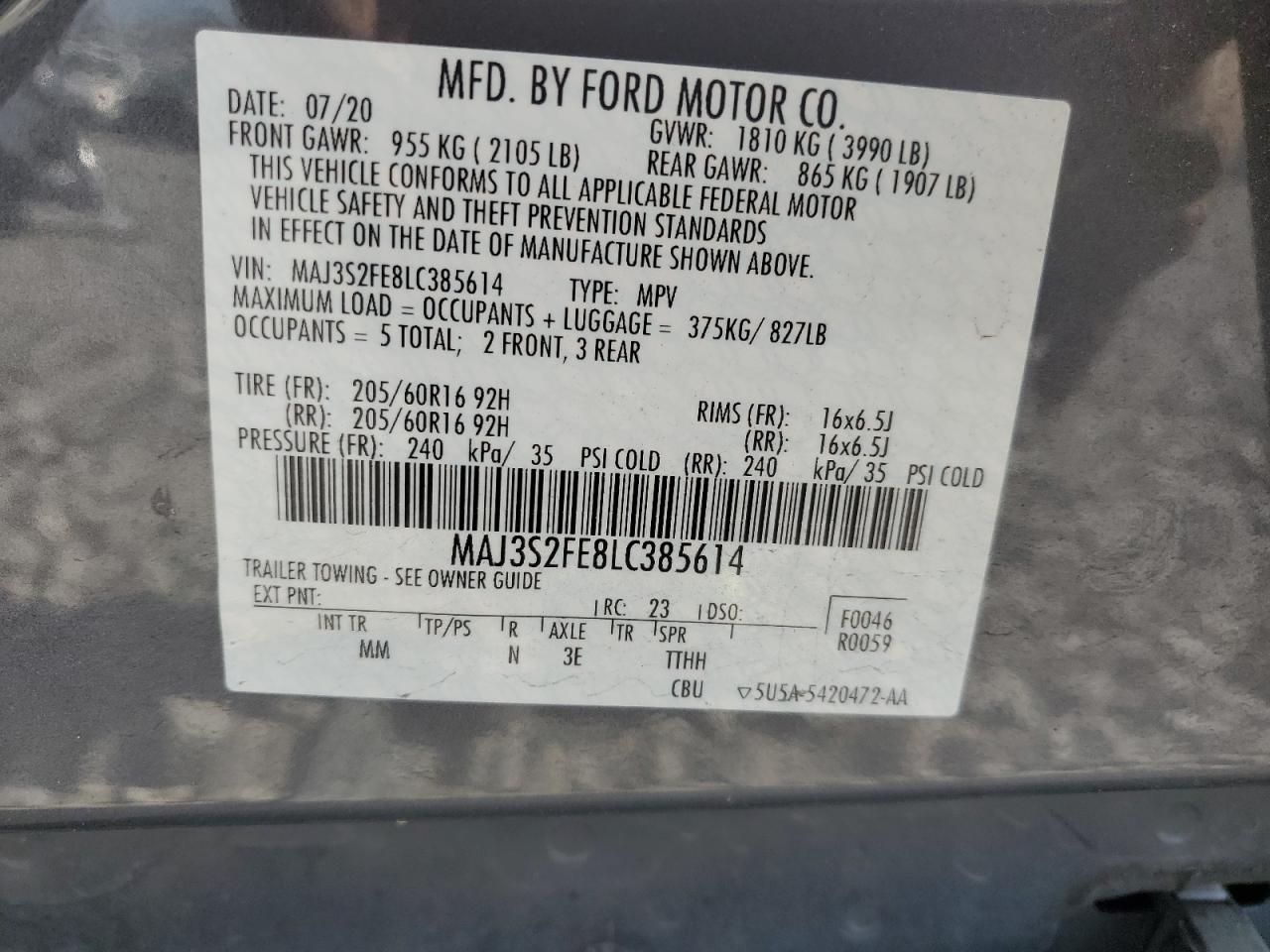 MAJ3S2FE8LC385614 FORD ECOSPORT 2020