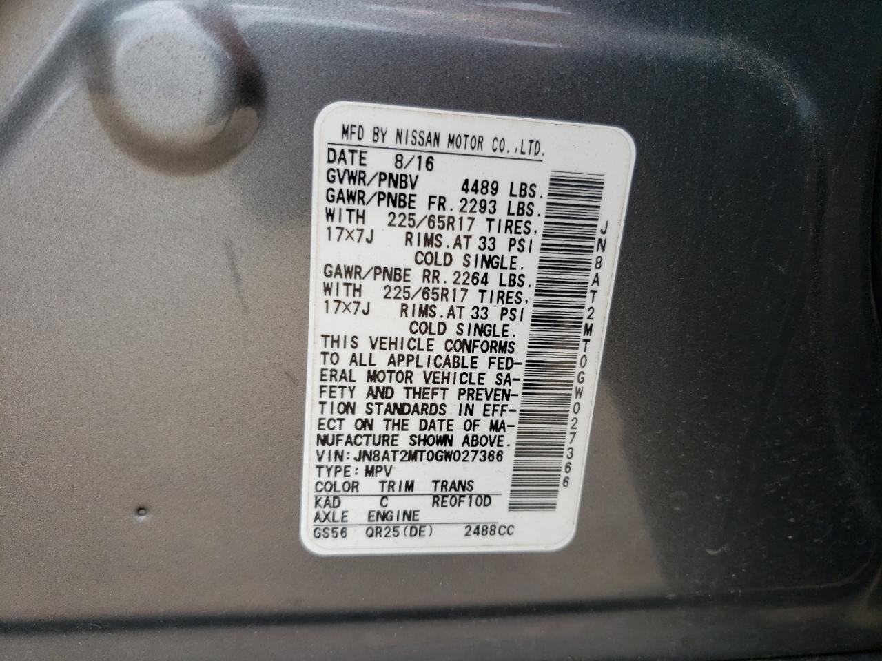 JN8AT2MT0GW027366 2016 Nissan Rogue S