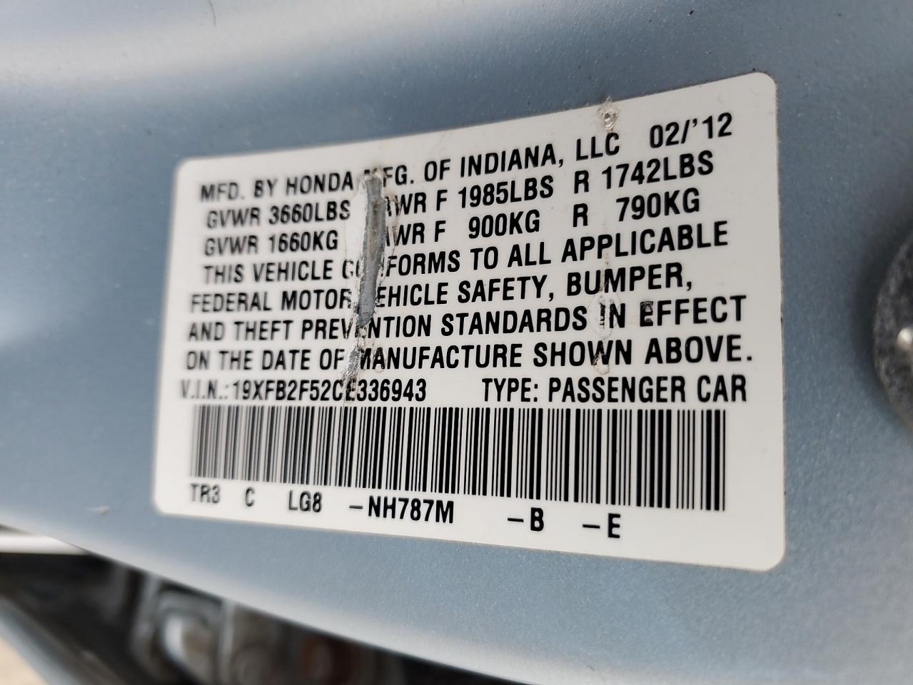19XFB2F52CE336943 2012 Honda Civic Lx