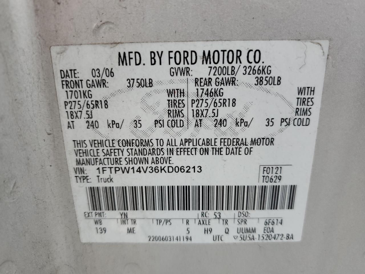 1FTPW14V36KD06213 2006 Ford F150 Supercrew