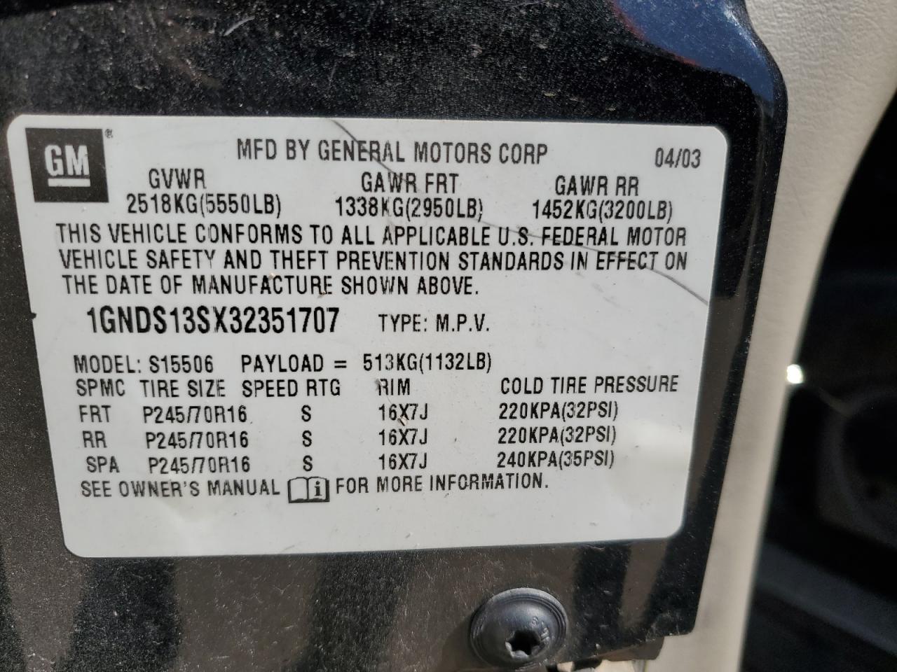 1GNDS13SX32351707 2003 Chevrolet Trailblazer