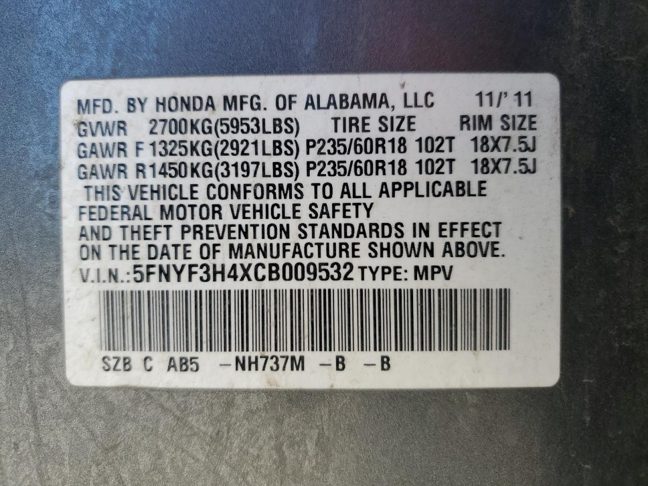 5FNYF3H4XCB009532 2012 Honda Pilot Ex