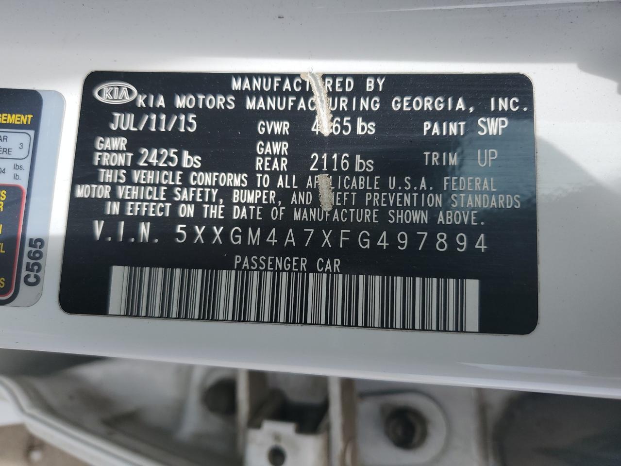 5XXGM4A7XFG497894 2015 Kia Optima Lx