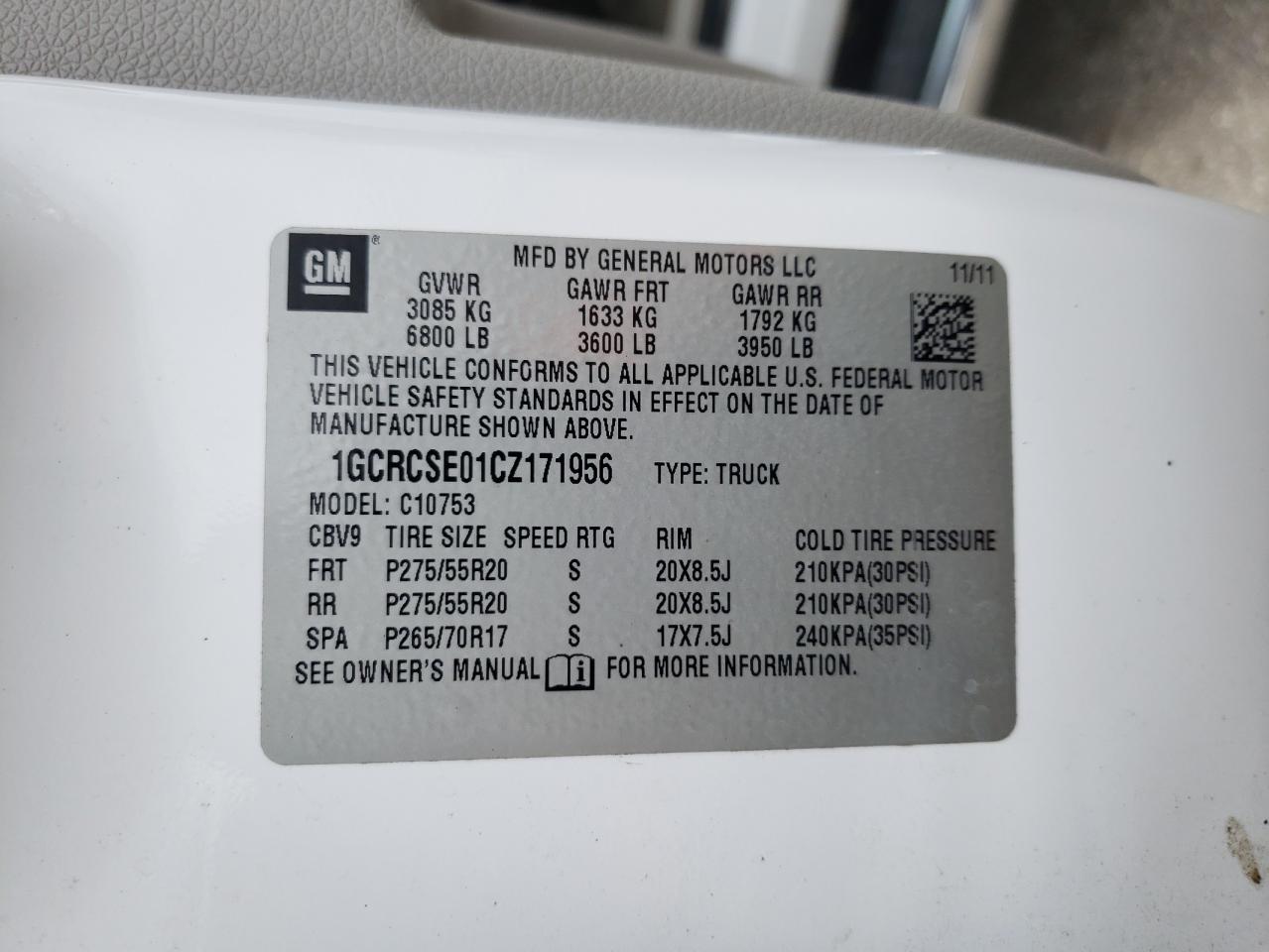 1GCRCSE01CZ171956 2012 Chevrolet Silverado C1500 Lt