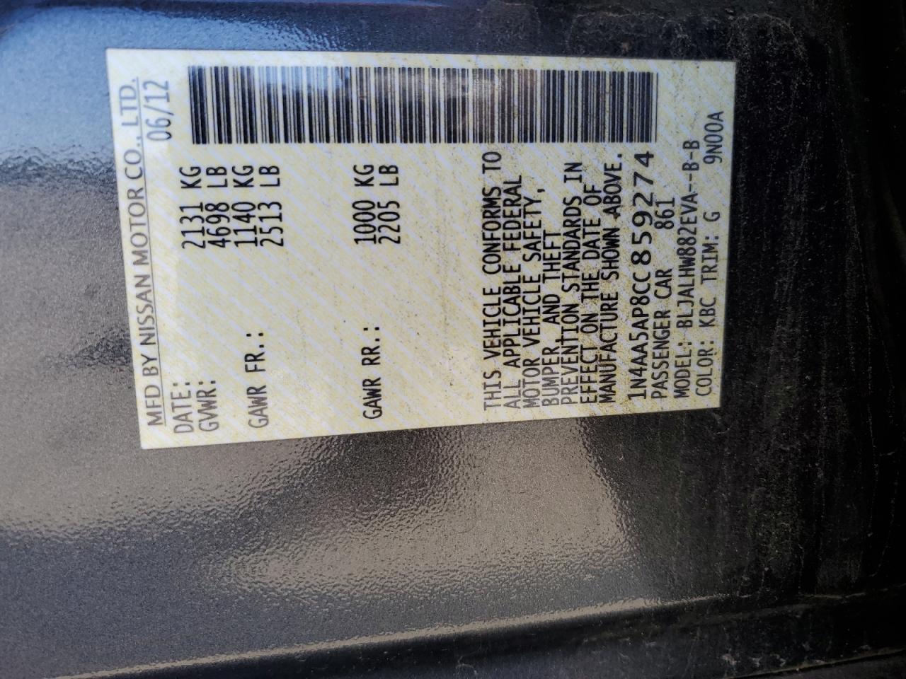 1N4AA5AP8CC859274 2012 Nissan Maxima S