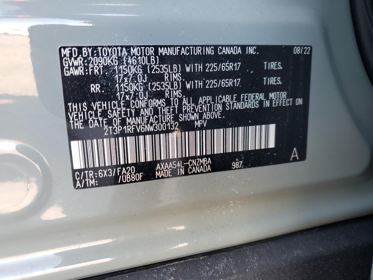 2T3P1RFV6NW300132 2022 Toyota Rav4 Xle