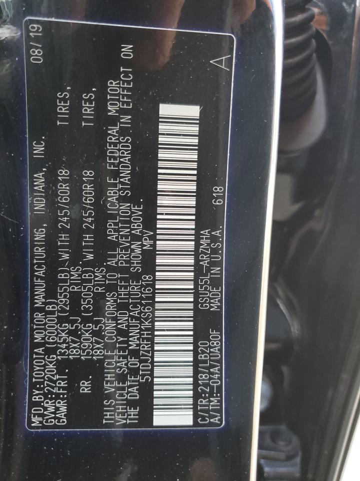 5TDJZRFH1KS611618 2019 Toyota Highlander Se