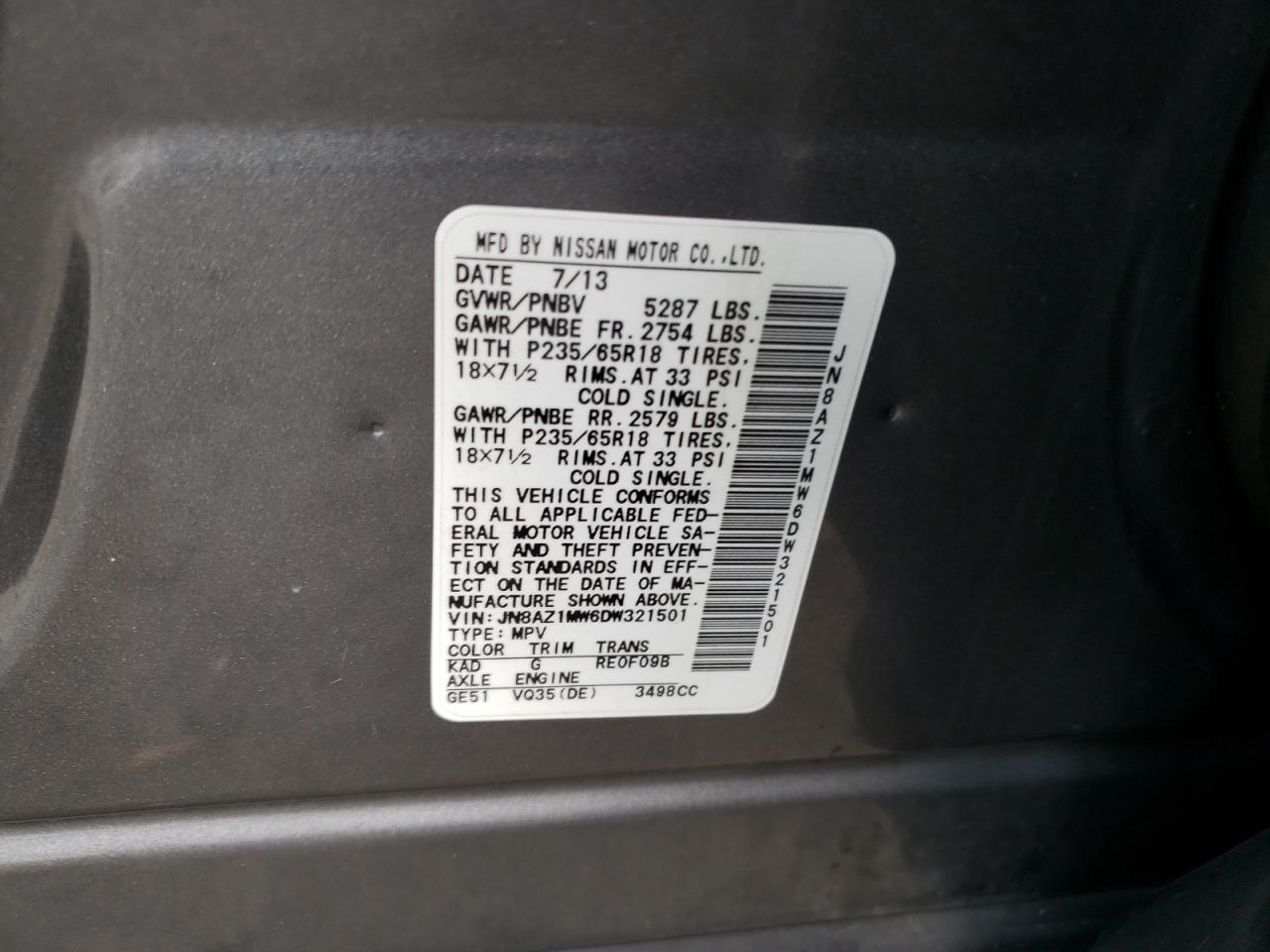 JN8AZ1MW6DW321501 2013 Nissan Murano S