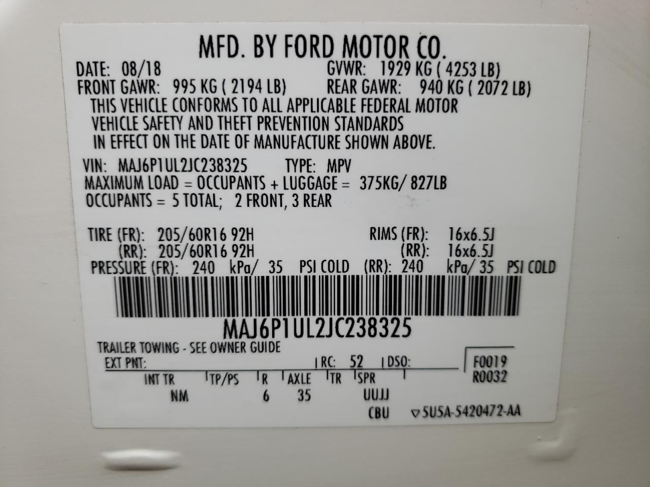 MAJ6P1UL2JC238325 2018 Ford Ecosport Se