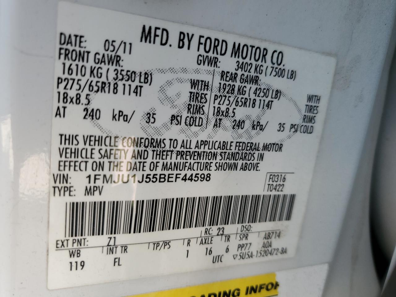 1FMJU1J55BEF44598 2011 Ford Expedition Xlt