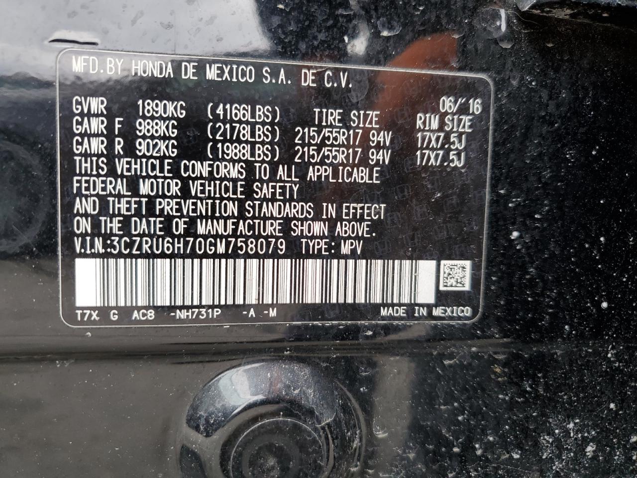 3CZRU6H70GM758079 HONDA HR-V 2016