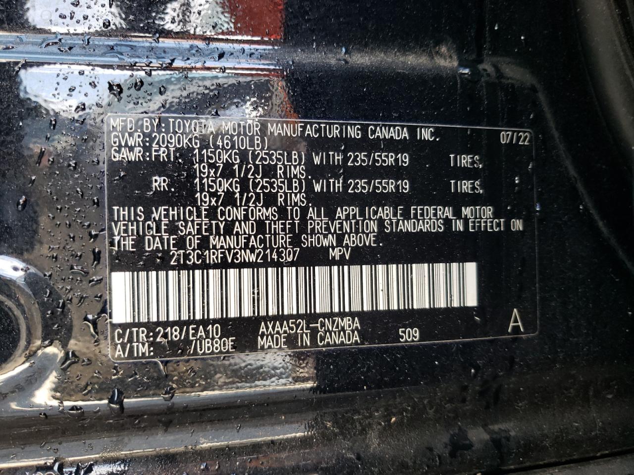 2T3C1RFV3NW214307 TOYOTA RAV4 2022