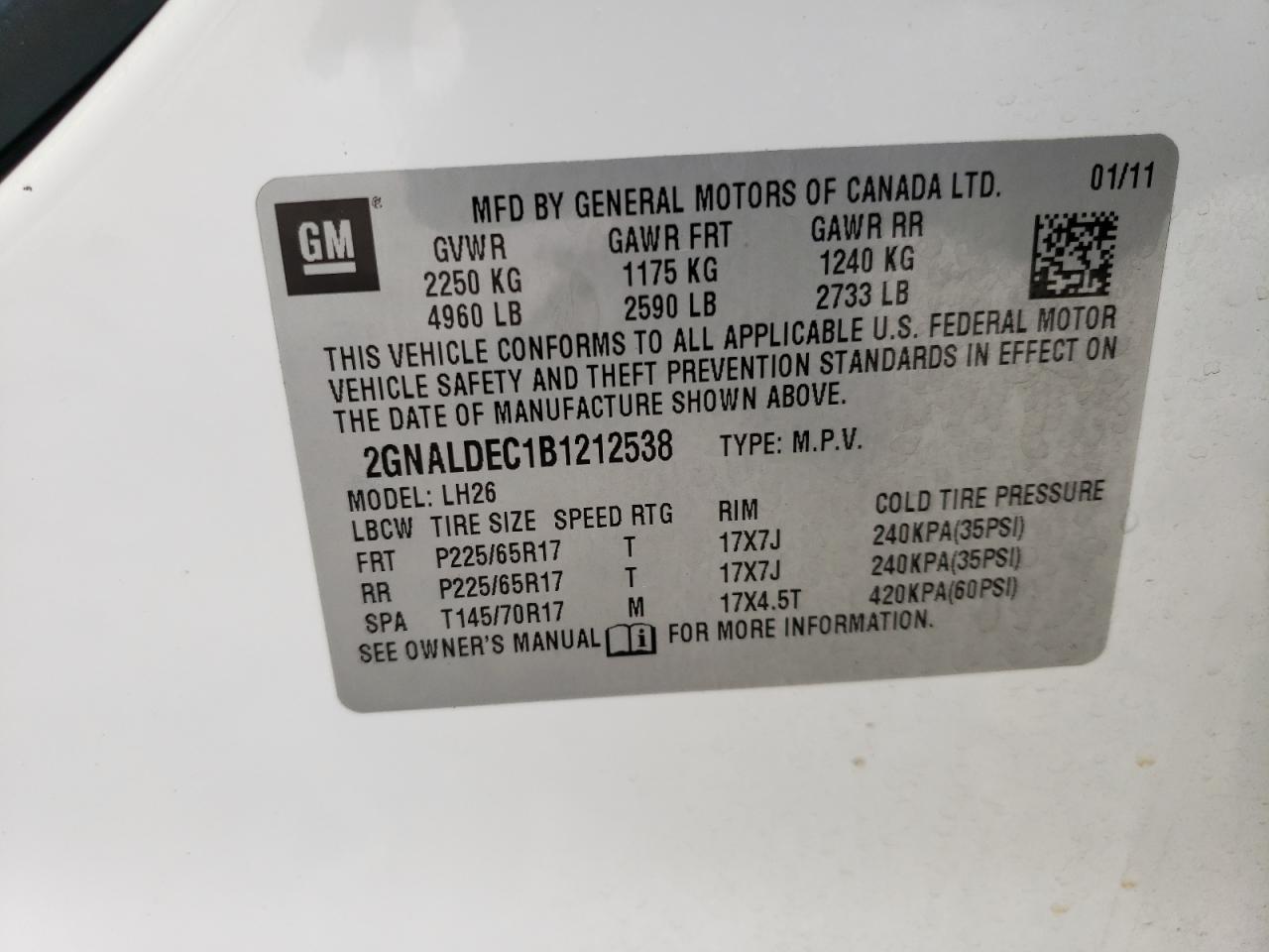 2GNALDEC1B1212538 2011 Chevrolet Equinox Lt