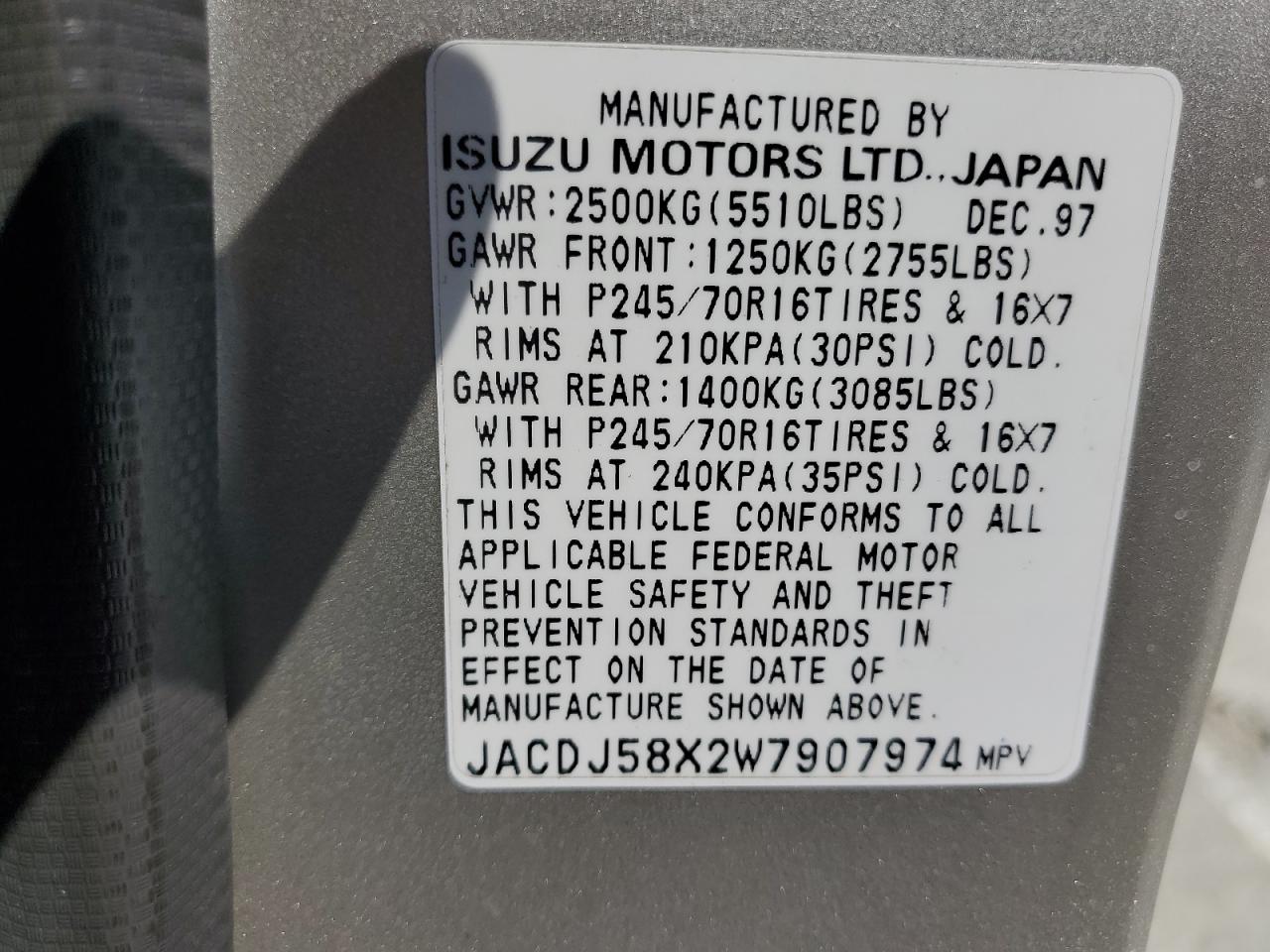 jacdj58x2w7907974 JACDJ58X2W7907974 1998 Isuzu Trooper S
