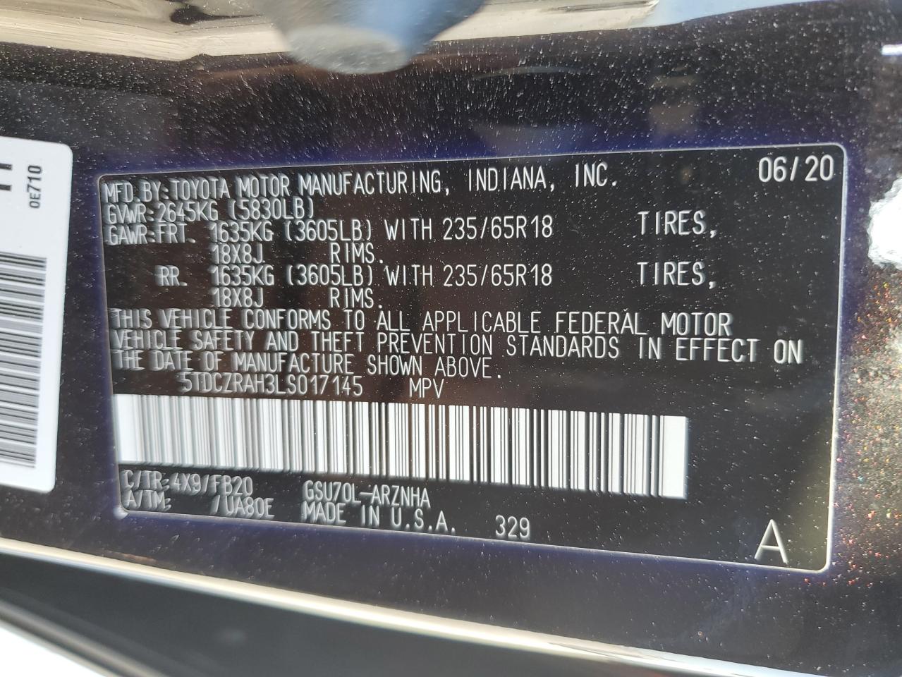 5TDCZRAH3LS017145 2020 Toyota Highlander L