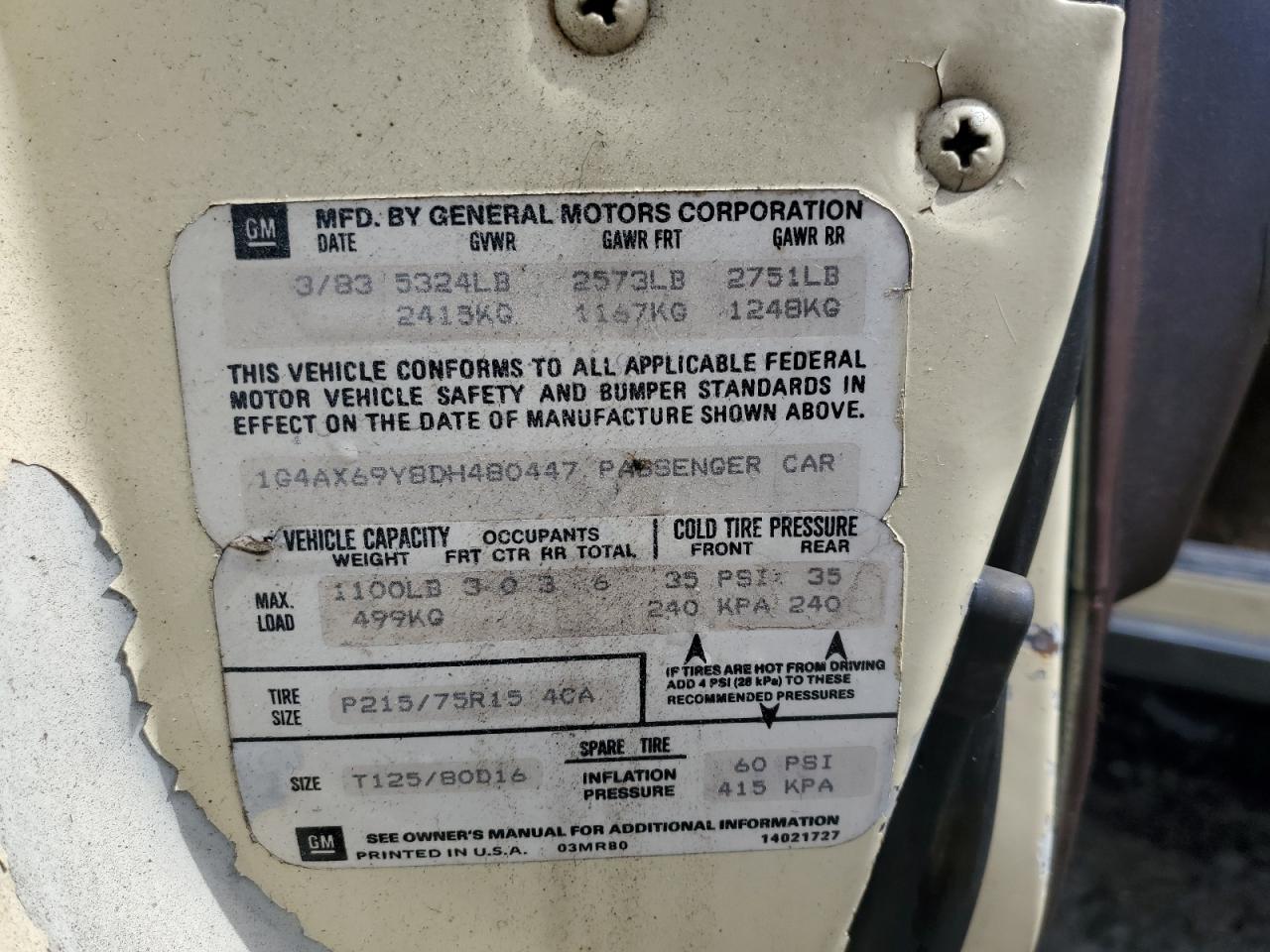 1G4AX69Y8DH480447 1983 Buick Electra Limited