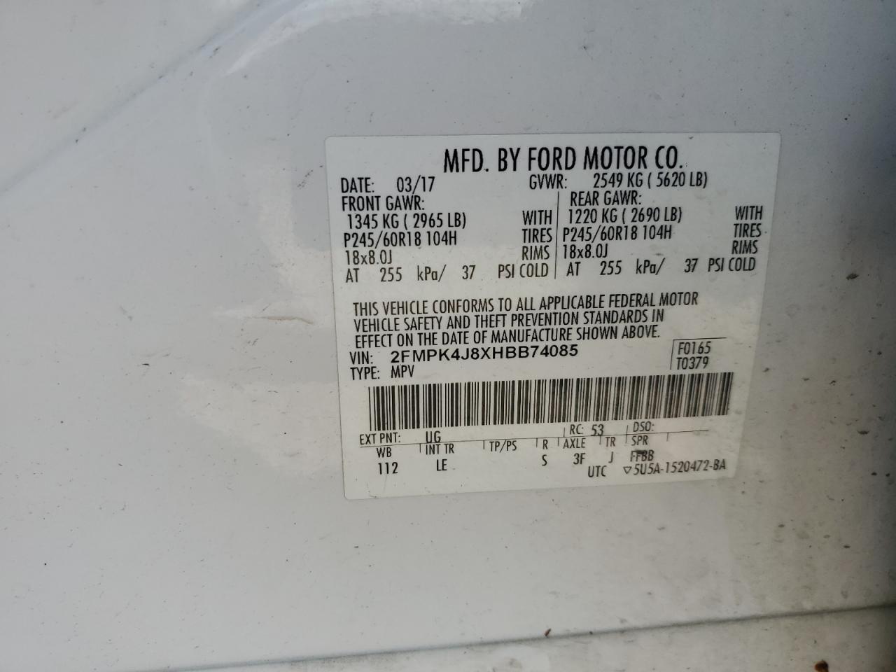 2FMPK4J8XHBB74085 FORD EDGE 2017