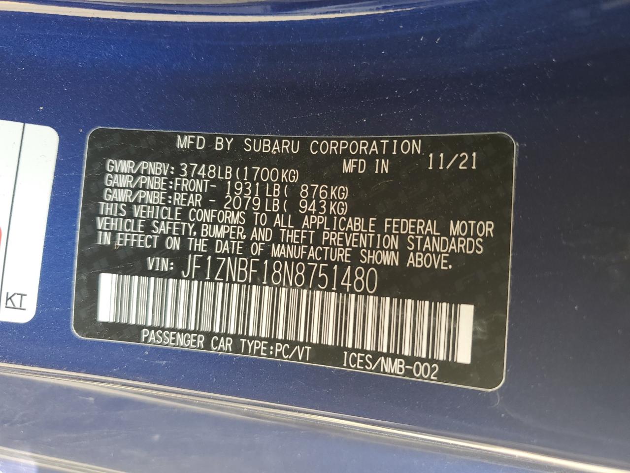 JF1ZNBF18N8751480 TOYOTA GR 86 PREM 2022