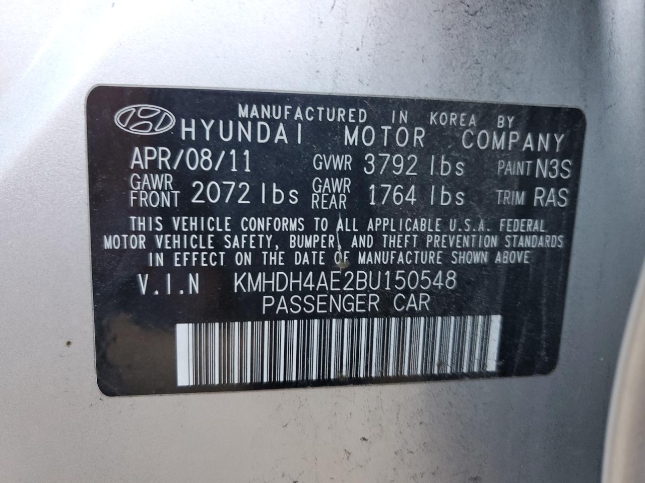 KMHDH4AE2BU150548 2011 Hyundai Elantra Gls