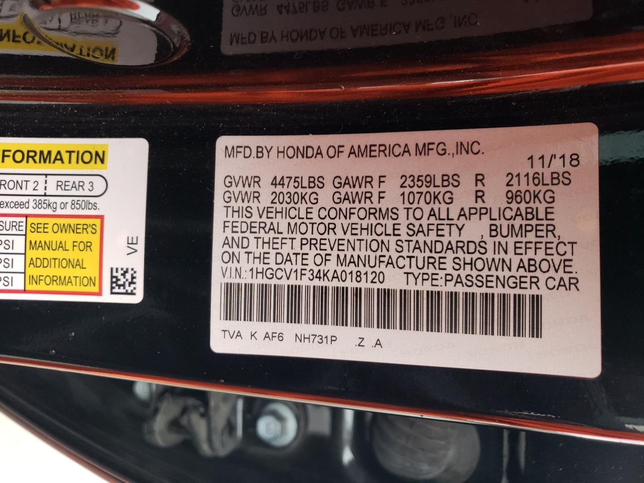 1HGCV1F34KA018120 HONDA ACCORD 2019