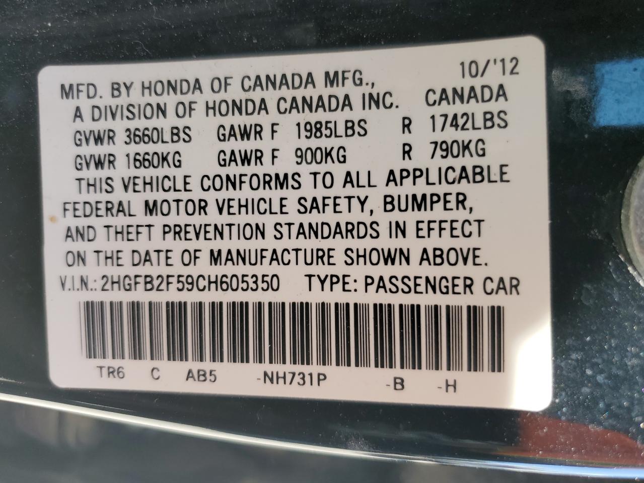 2HGFB2F59CH605350 2012 Honda Civic Lx