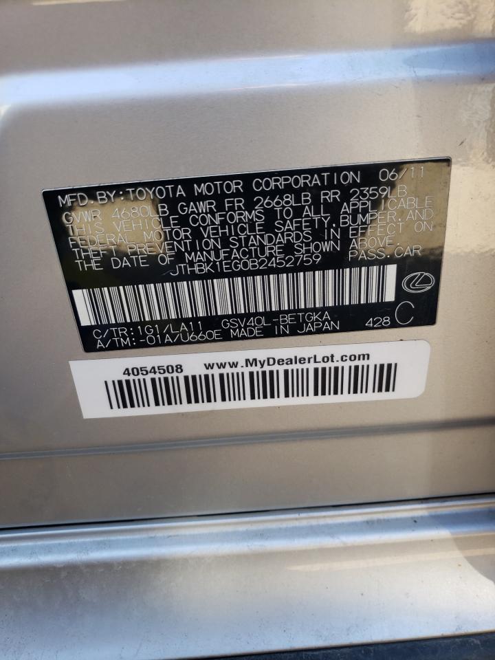 JTHBK1EG0B2452759 2011 Lexus Es 350