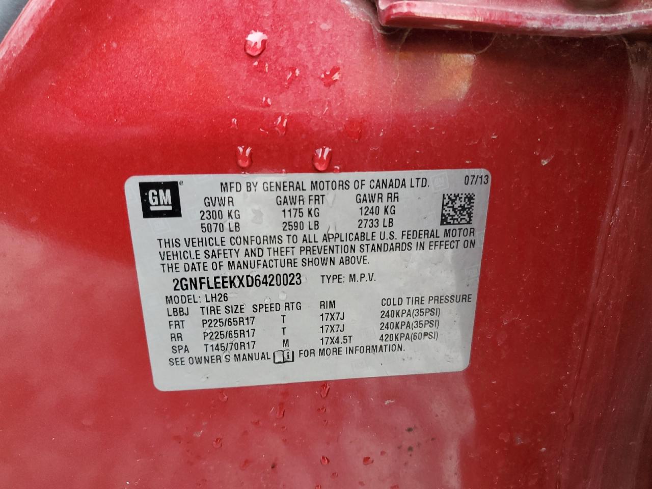 2GNFLEEKXD6420023 2013 Chevrolet Equinox Lt