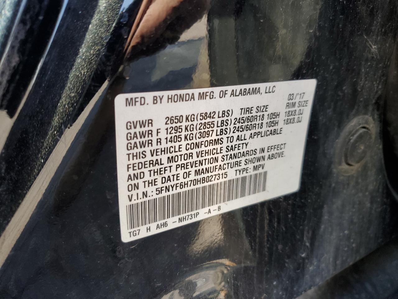 5FNYF6H70HB027315 HONDA PILOT 2017