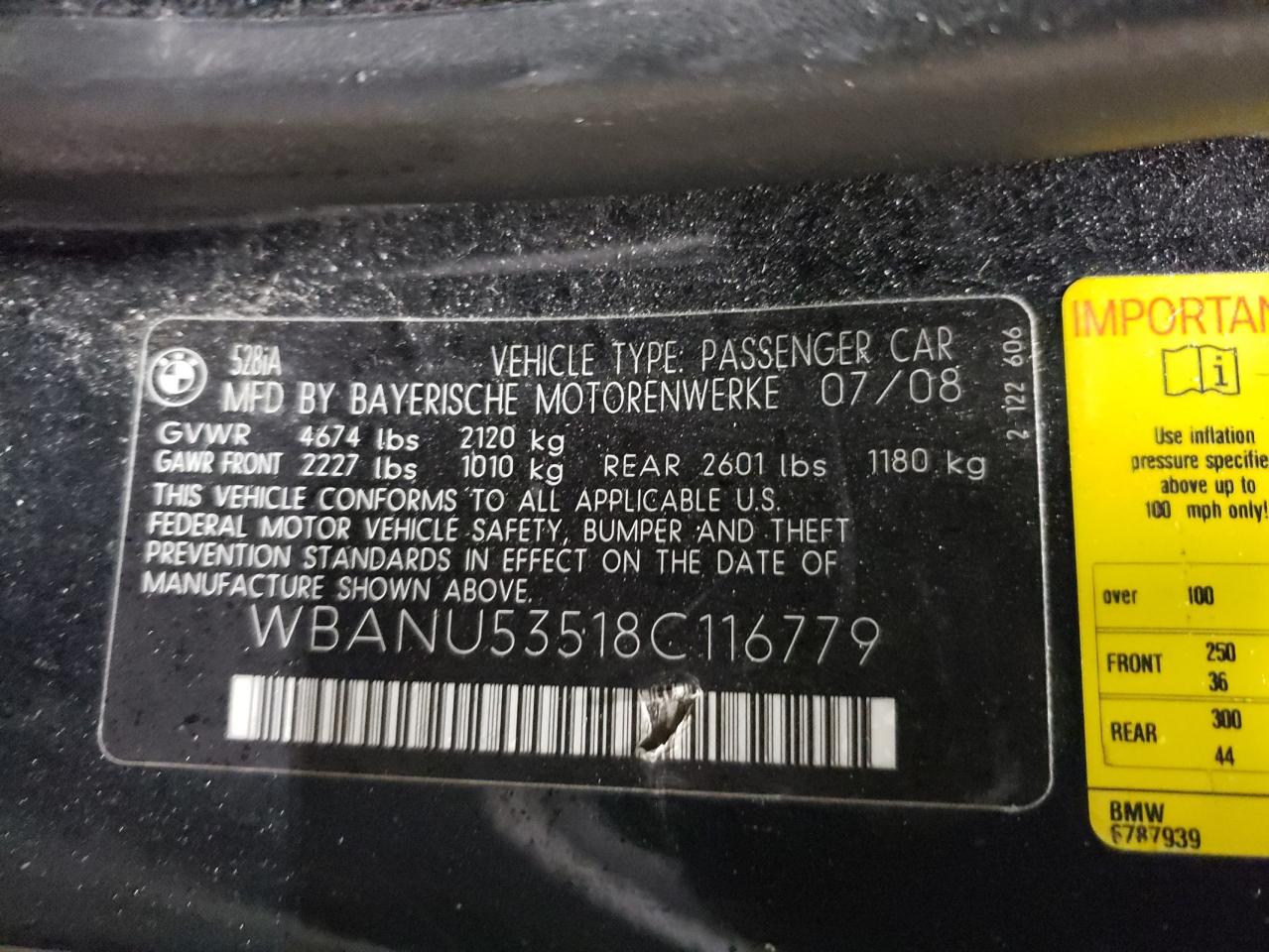 WBANU53518C116779 2008 BMW 528 I