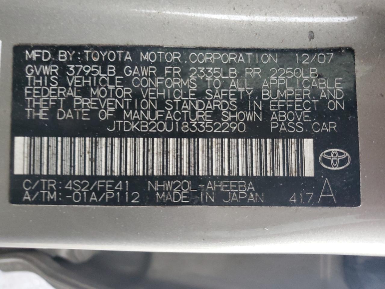 JTDKB20U183352290 2008 Toyota Prius