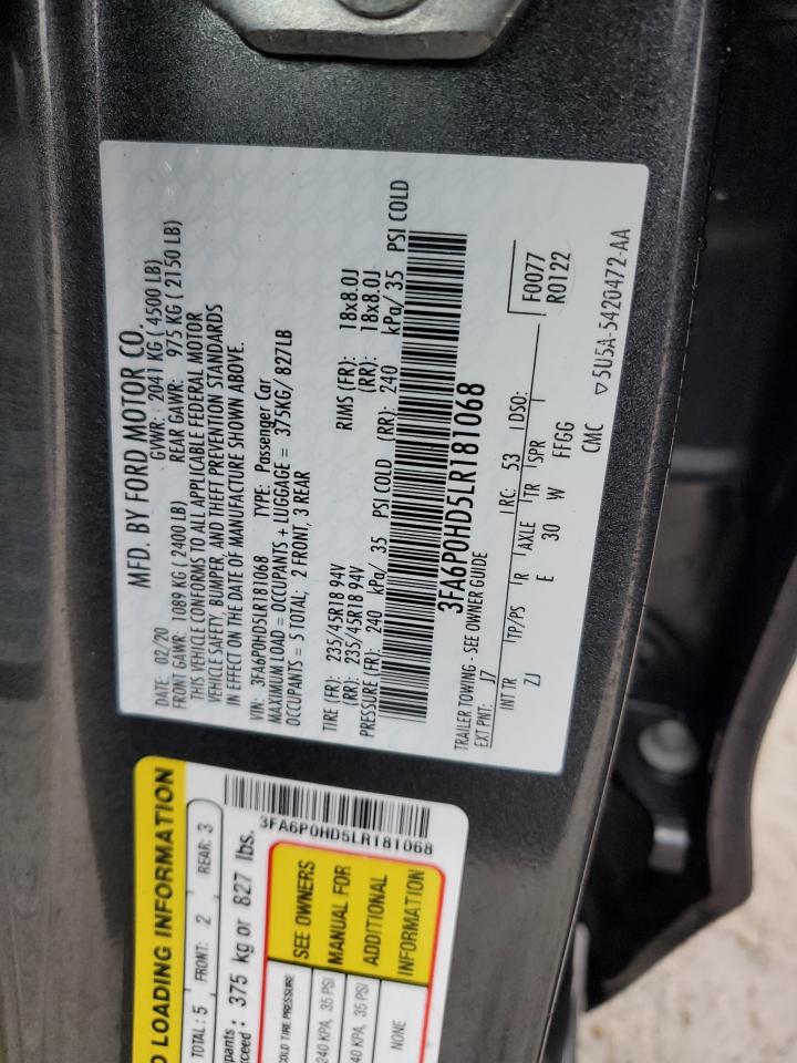 3FA6P0HD5LR181068 FORD FUSION 2020