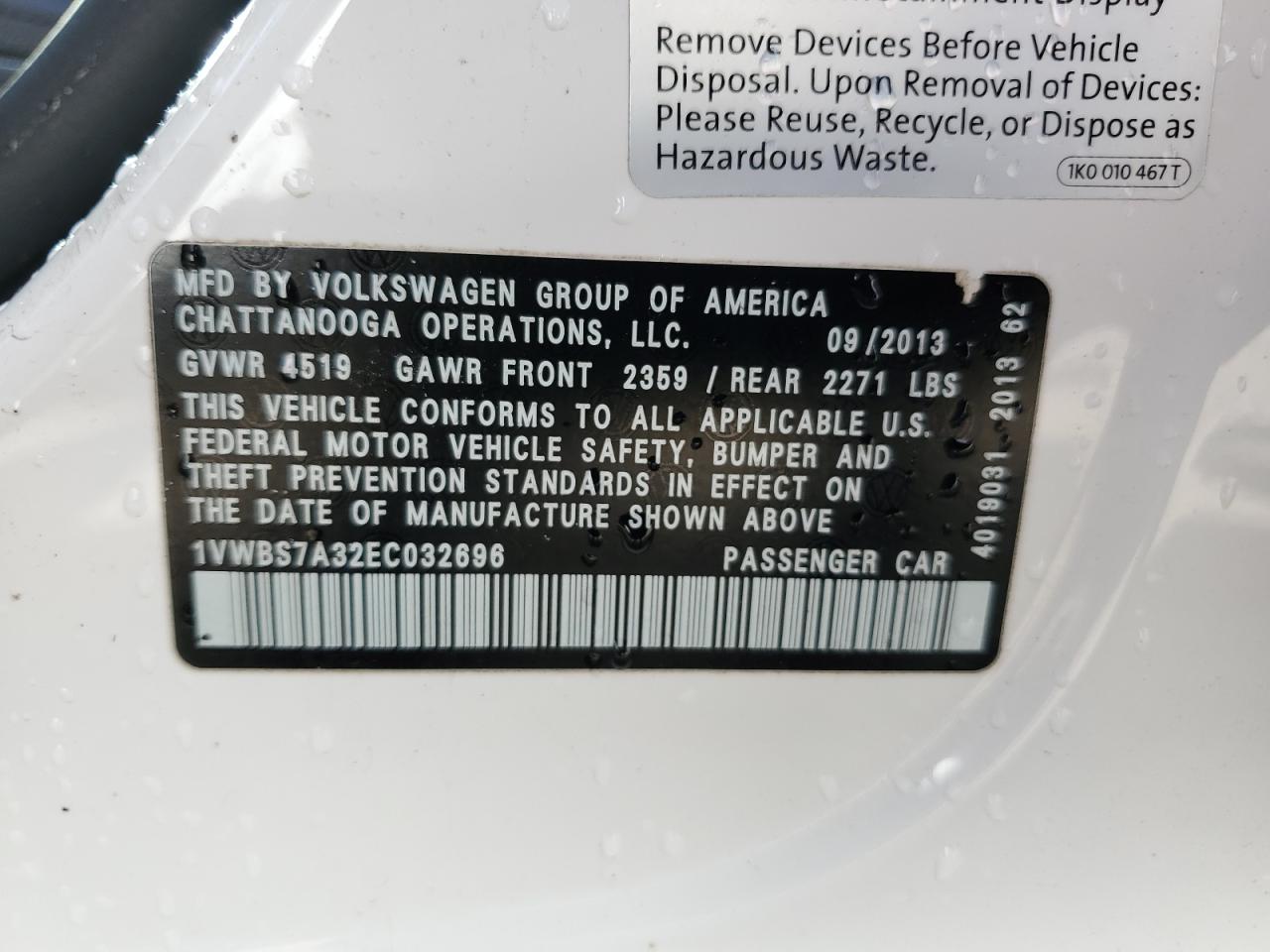 1VWBS7A32EC032696 2014 Volkswagen Passat Se