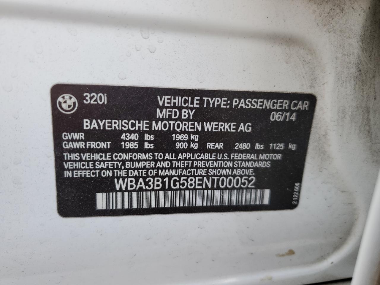 WBA3B1G58ENT00052 2014 BMW 320 I