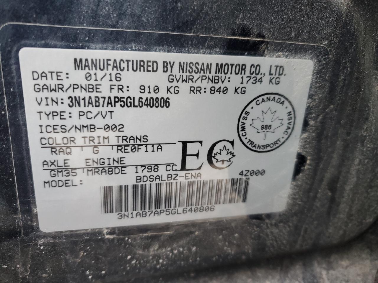 3N1AB7AP5GL640806 2016 Nissan Sentra S