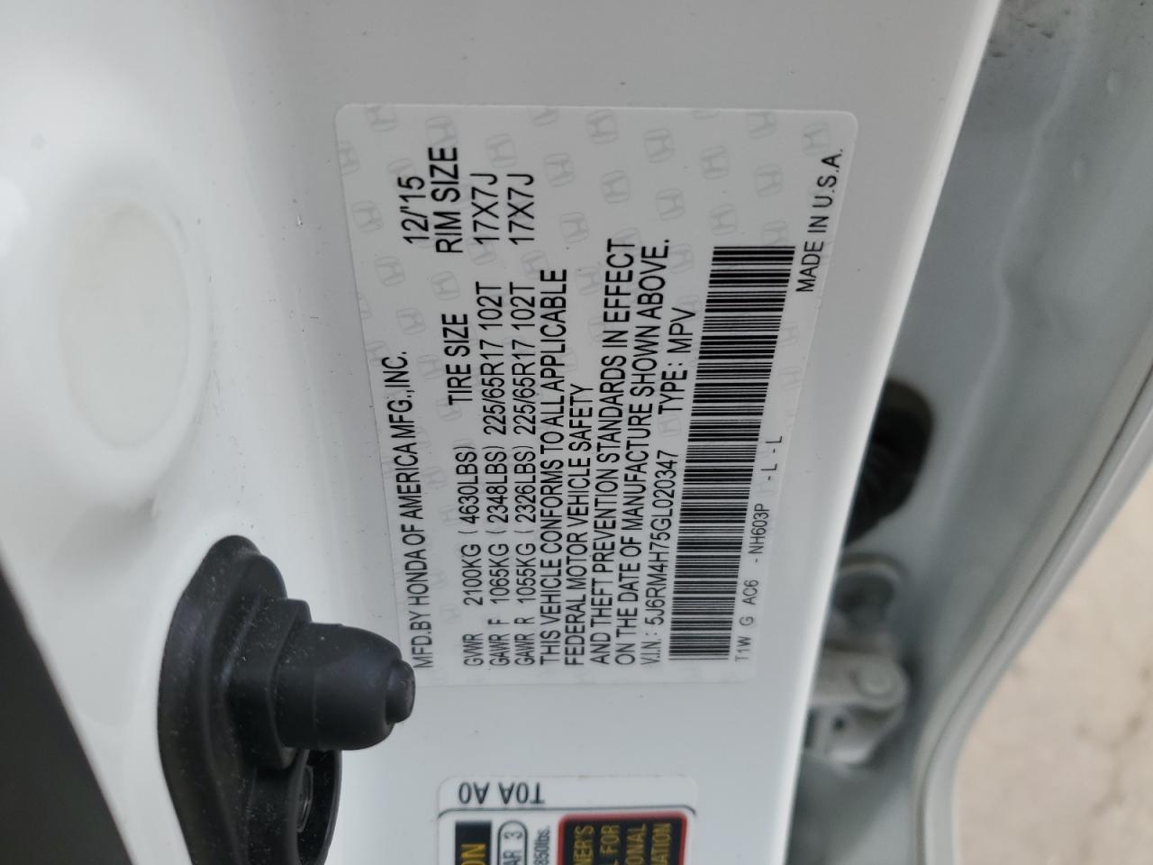 5J6RM4H75GL020347 HONDA CRV 2016