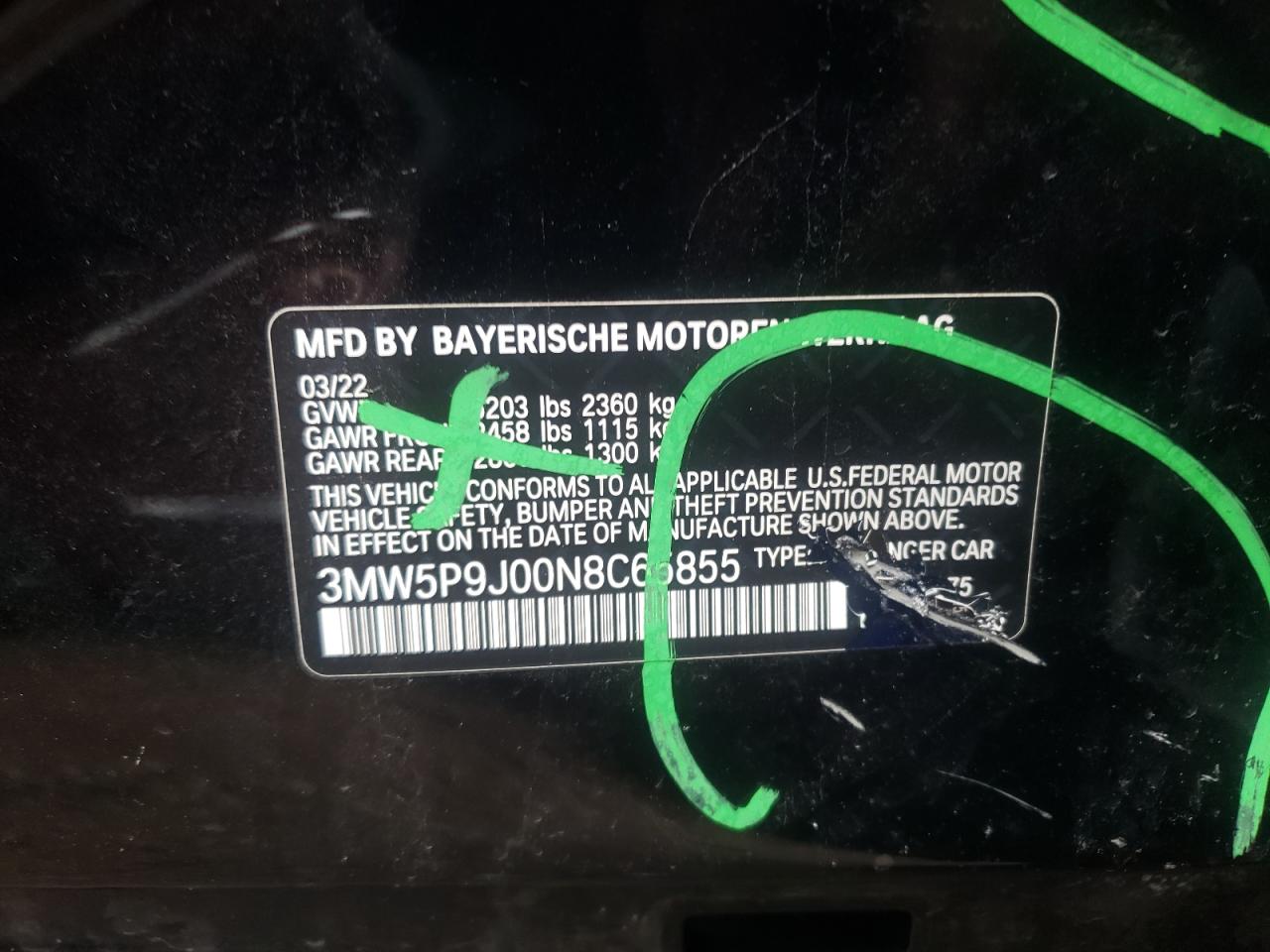 3MW5P9J00N8C65855 2022 BMW 330Xe