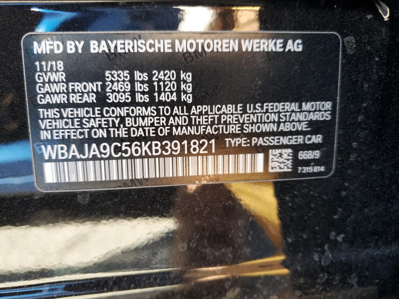 2019 BMW 530E 2.0L(VIN: WBAJA9C56KB391821