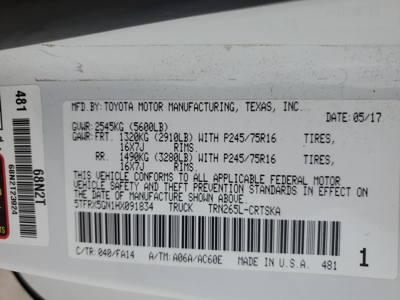 5TFRX5GN1HX091834 2017 Toyota Tacoma Access Cab