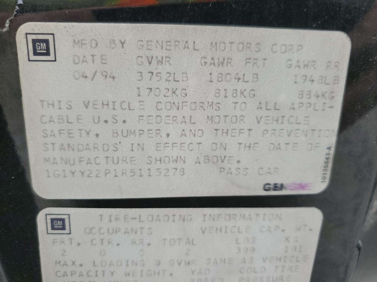 1G1YY22P1R5115278 1994 Chevrolet Corvette