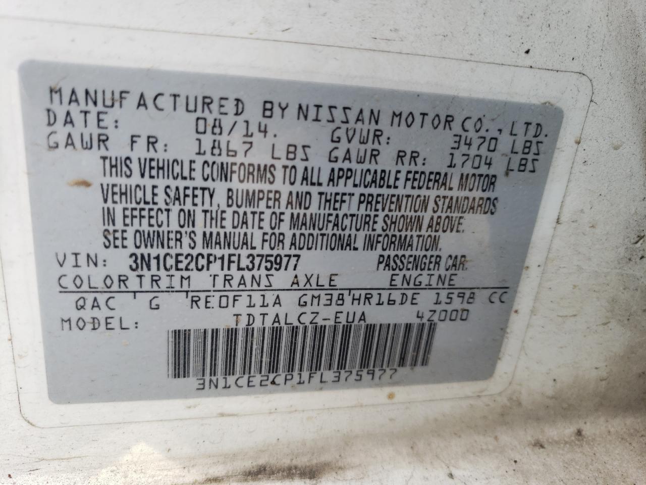 3N1CE2CP1FL375977 2015 Nissan Versa Note S