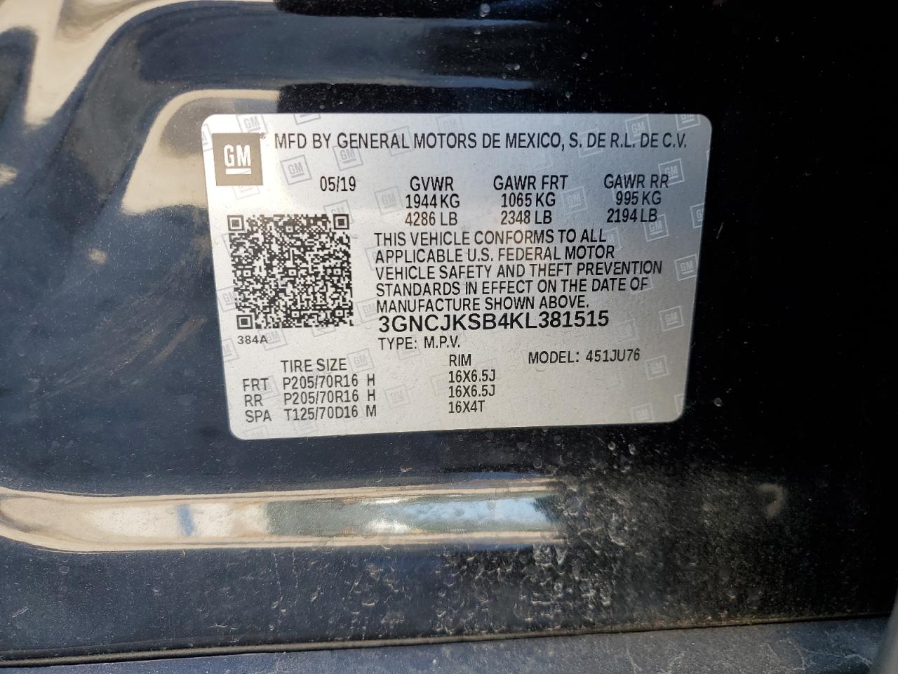 3GNCJKSB4KL381515 2019 Chevrolet Trax Ls