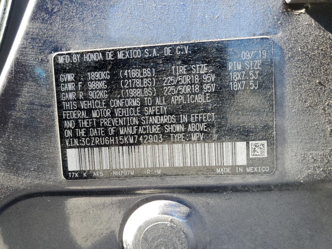 3CZRU6H15KM742903 HONDA HR-V 2019