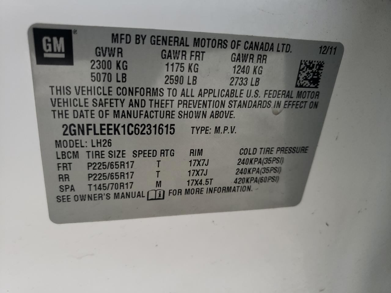 2GNFLEEK1C6231615 2012 Chevrolet Equinox Lt