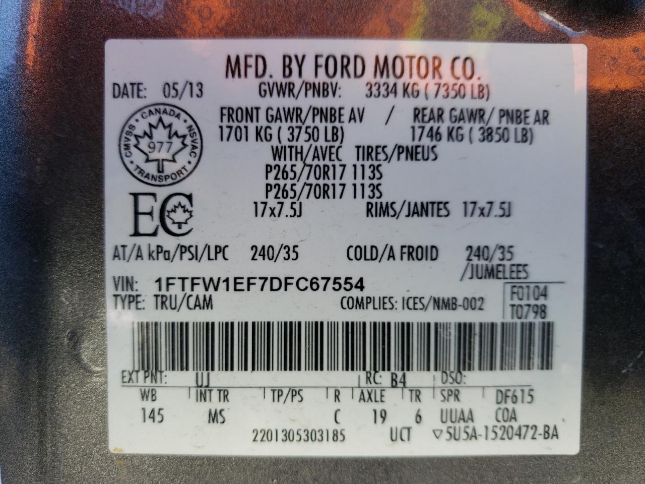 1FTFW1EF7DFC67554 2013 Ford F150 Supercrew