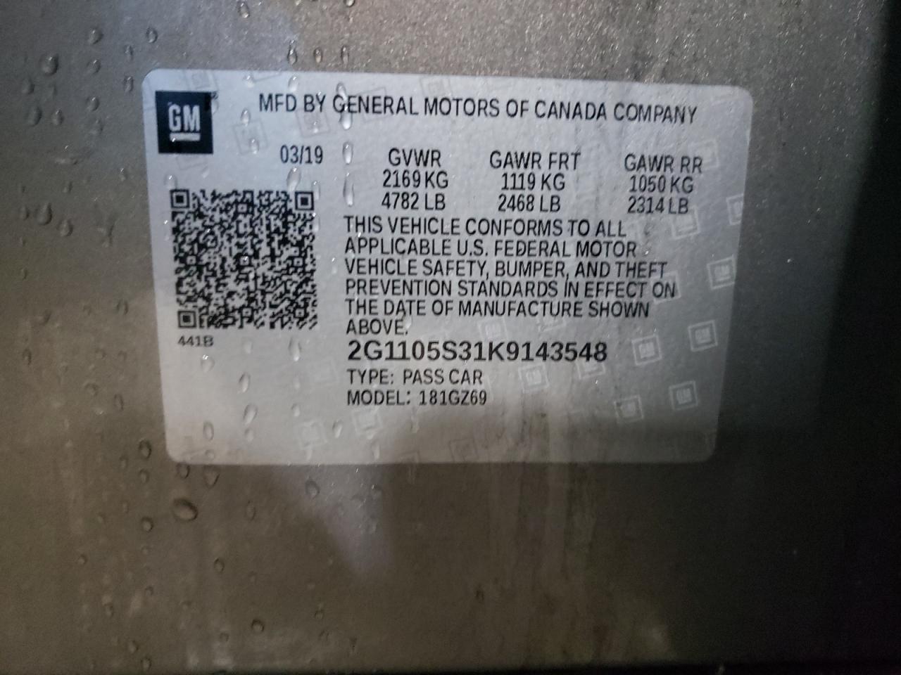 2G1105S31K9143548 CHEVROLET IMPALA 2019